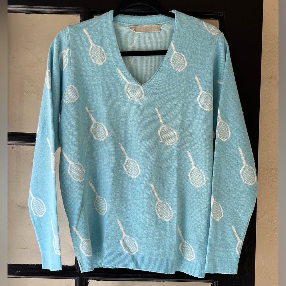 VTG 60’s 70’s Tennis Racquet Print V-Neck Sweater
